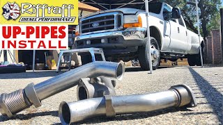 2001 F350 73  RiffRaff UpPipes Install  Stock up pipes leaking and falling apart JUNK SP [upl. by Nygem]